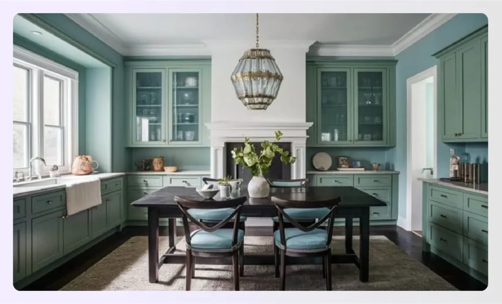 Kitchen with light blue and emerald green cabinetsย Kitchen with light blue and emerald green cabinetsย