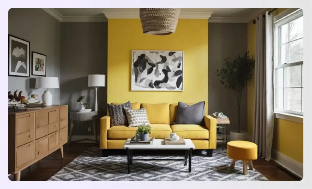 Living room with a yellow accent wall and gray sofaย Living room with a yellow accent wall and gray sofaย