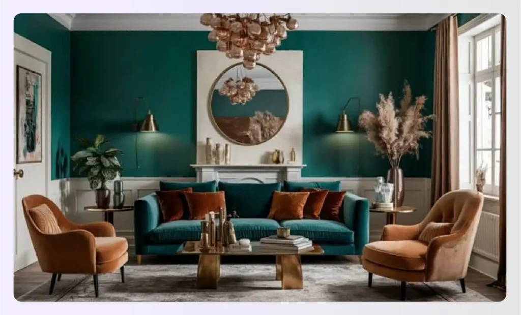 Living room with emerald walls and tan armchairsย Living room with emerald walls and tan armchairsย