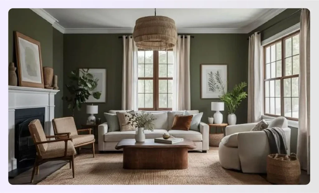 Living room with moss green walls and tan furnitureย Living room with moss green walls and tan furnitureย