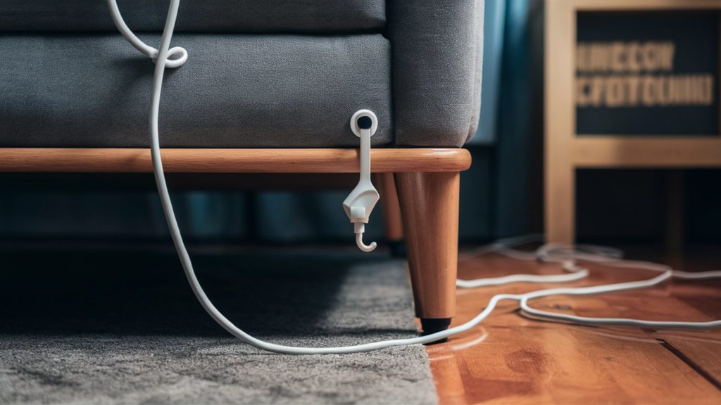 White cable management clip attached to a wooden sofa leg.