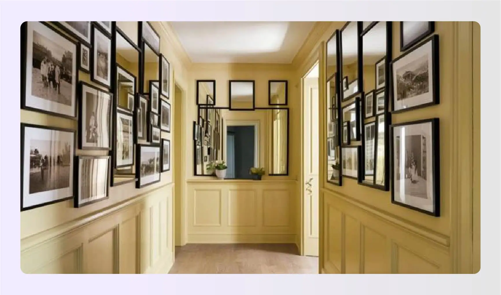 Pale yellow hallway with gallery wall frames Pale yellow hallway with gallery wall frames
