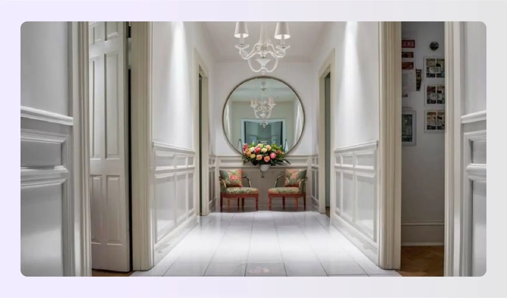 All white hallway with mirror focal point All white hallway with mirror focal point