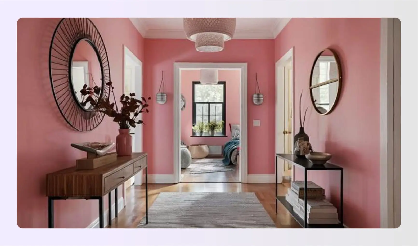 Soft pink hallway walls with round mirror Soft pink hallway walls with round mirror