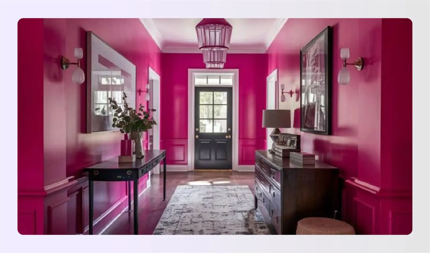 Hot pink hallway walls with black door Hot pink hallway walls with black door