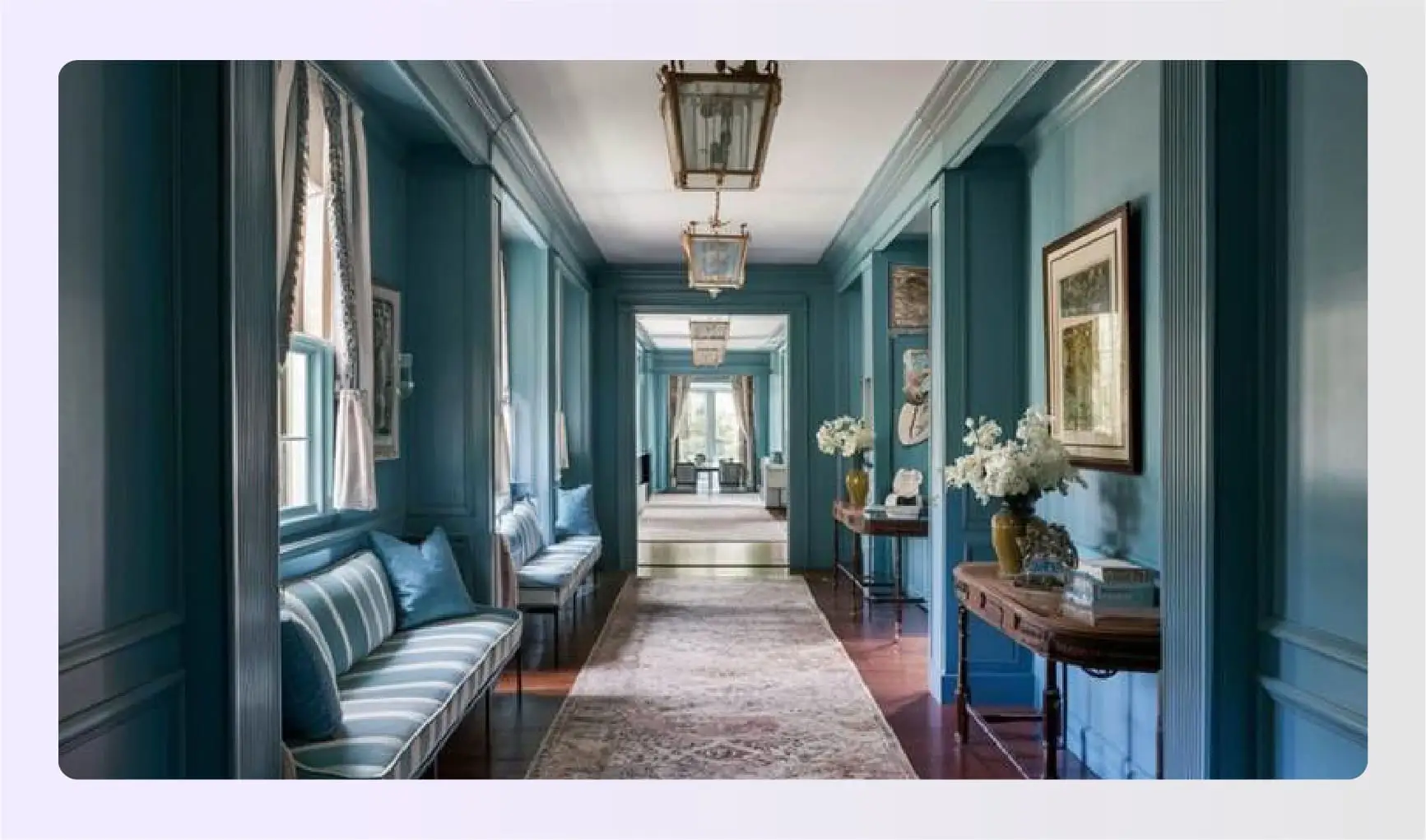 Baby blue traditional hallway with runner rug Baby blue traditional hallway with runner rug