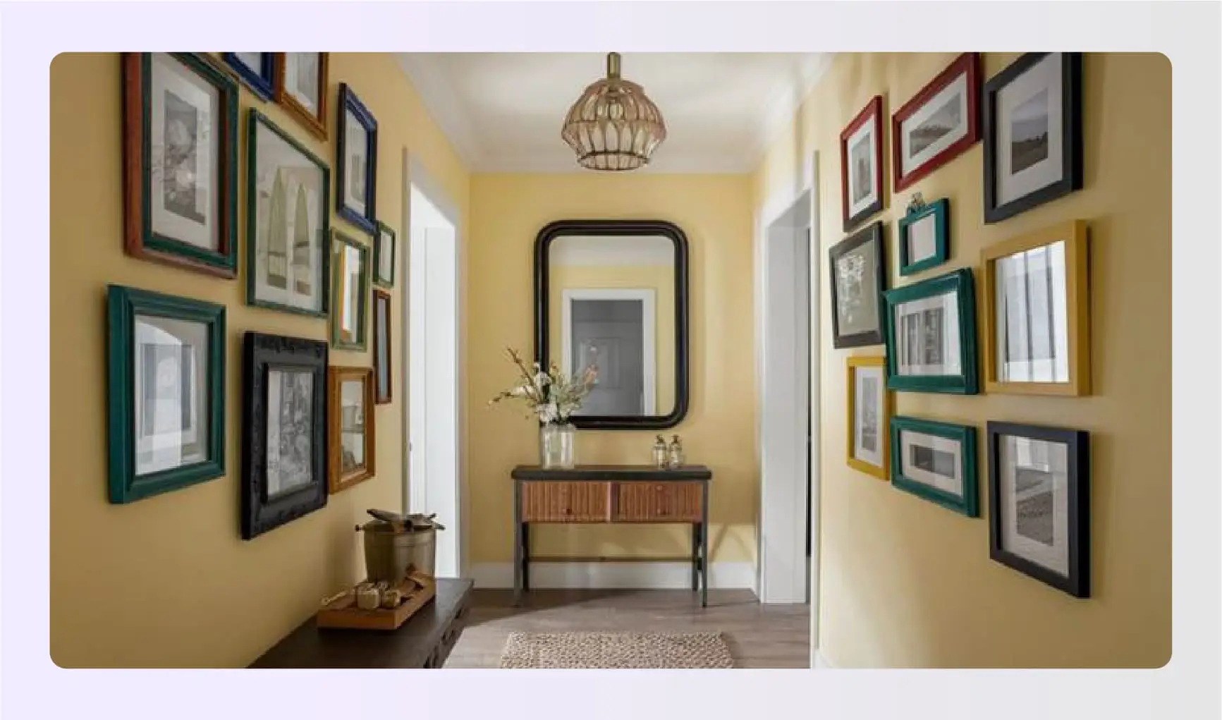Pastel yellow hallway with colorful photo frames Pastel yellow hallway with colorful photo frames