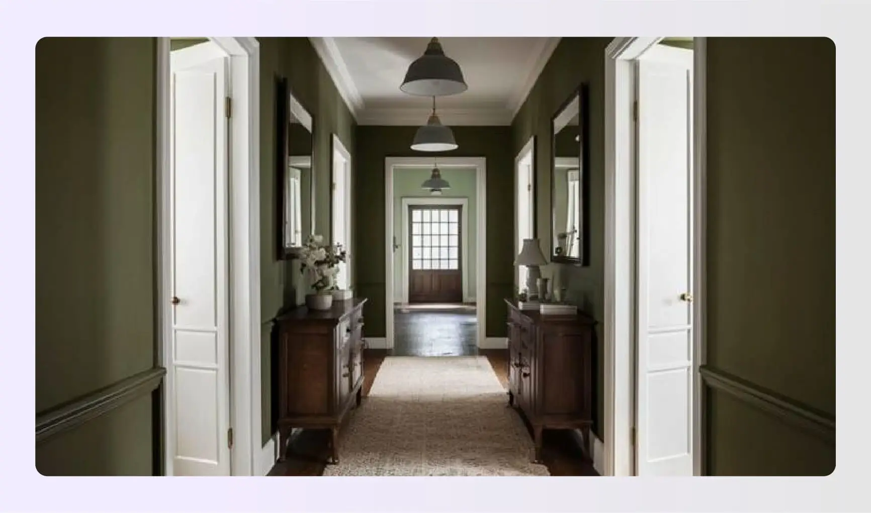 Olive green hallway walls with white trim Olive green hallway walls with white trim