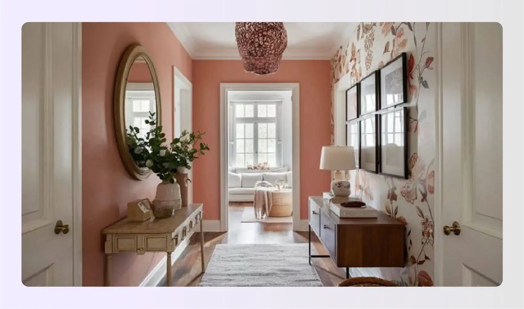 Peach pastel hallway walls with floral wallpaper Peach pastel hallway walls with floral wallpaper