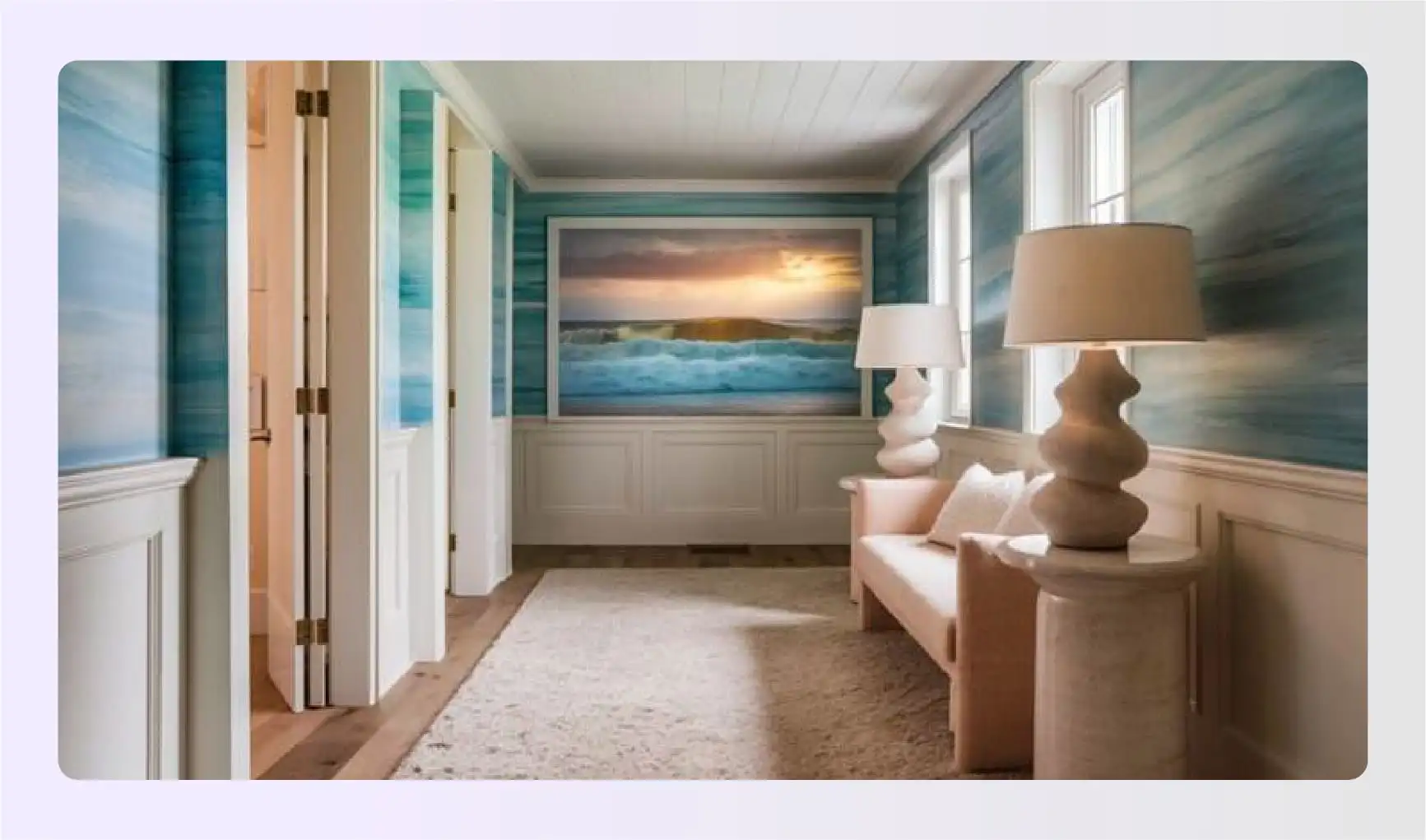 Beach themed blue and white hallway walls Beach themed blue and white hallway walls