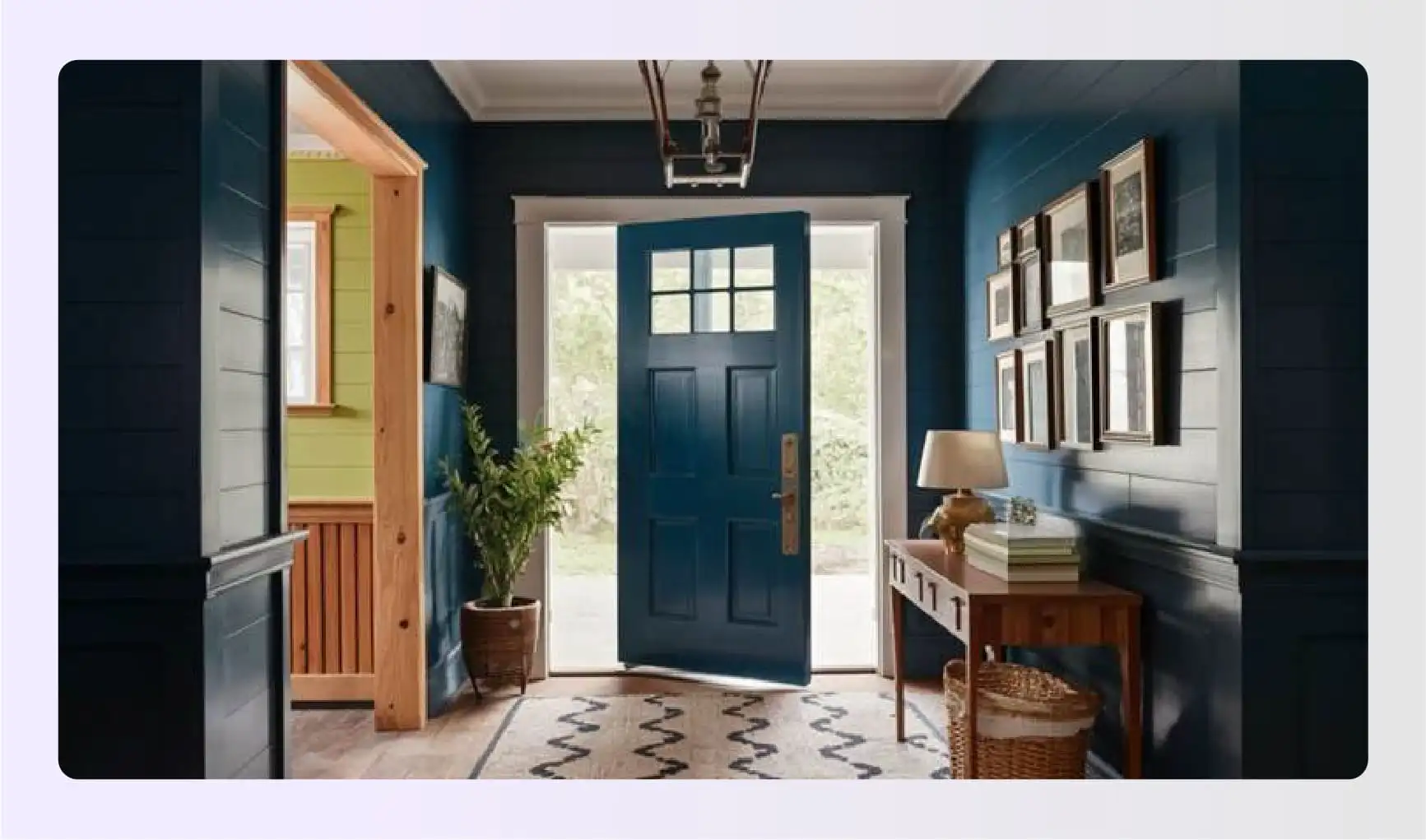 Navy blue shiplap walls in hallway entry Navy blue shiplap walls in hallway entry