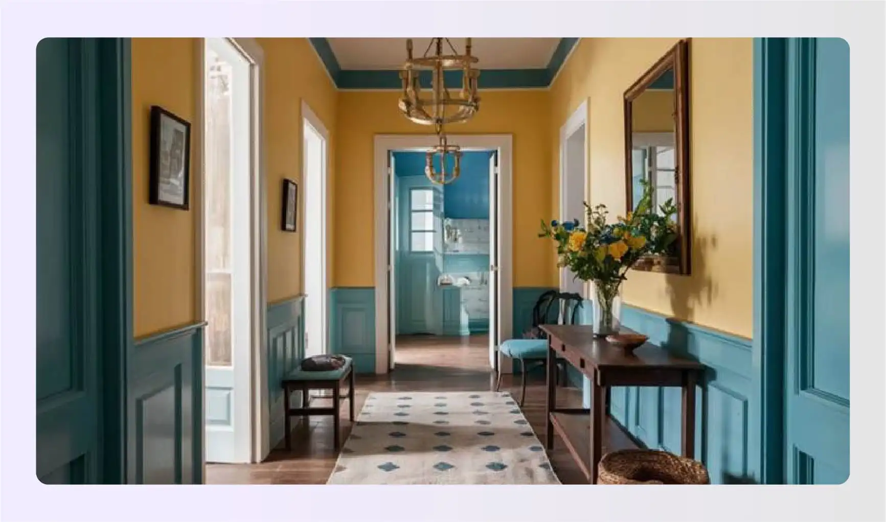 Yellow walls with blue trim in hallway Yellow walls with blue trim in hallway