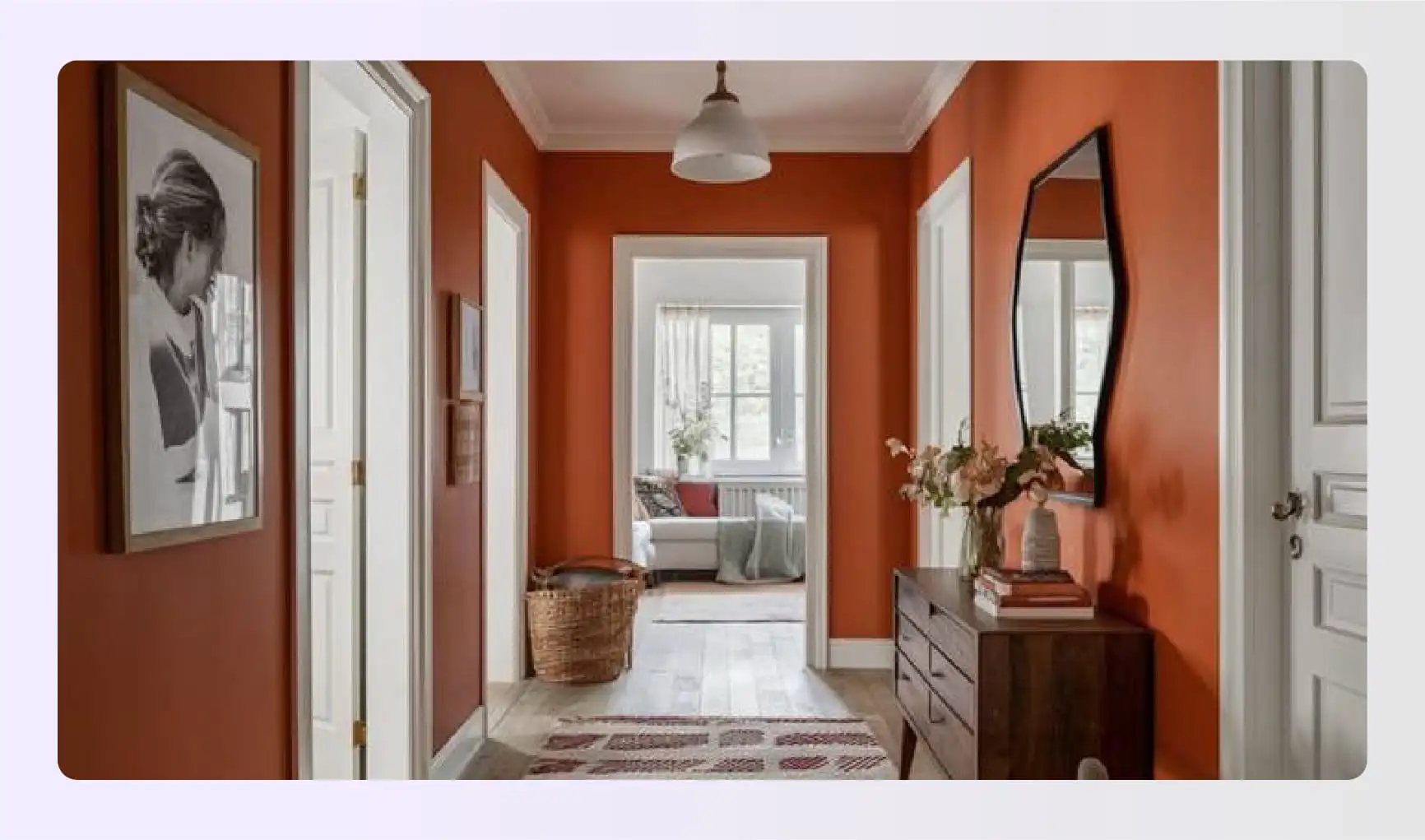 Burnt orange hallway walls with white door Burnt orange hallway walls with white door