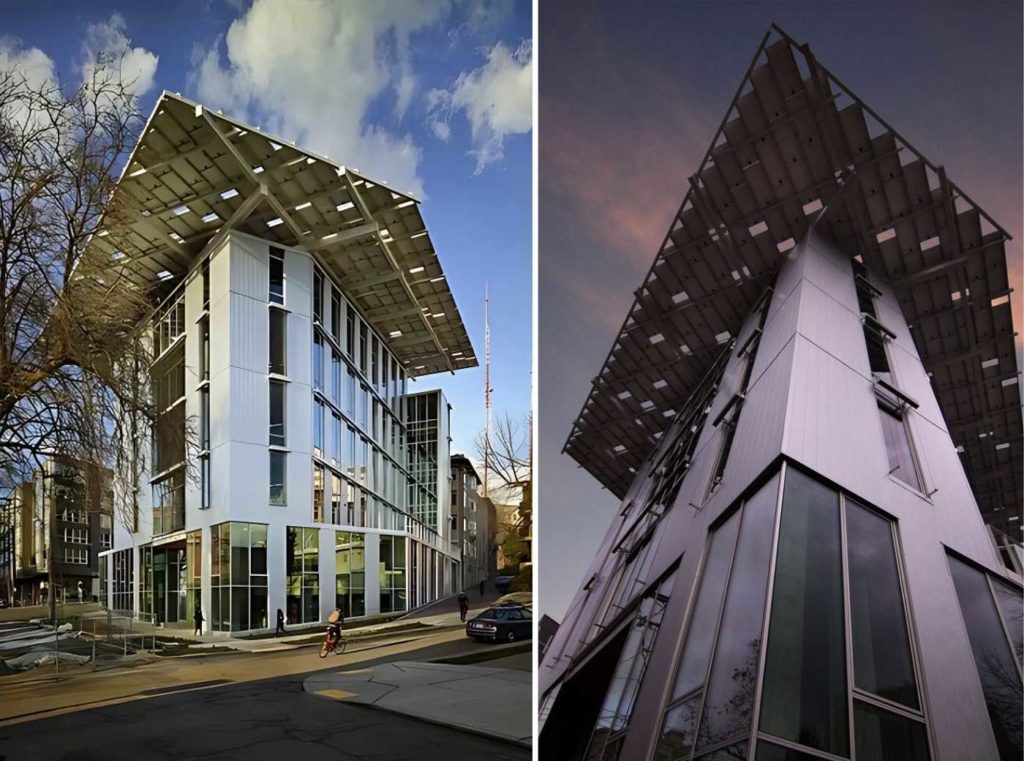 Exterior view of the Bullitt Center in Seattle, showcasing its sustainable design features