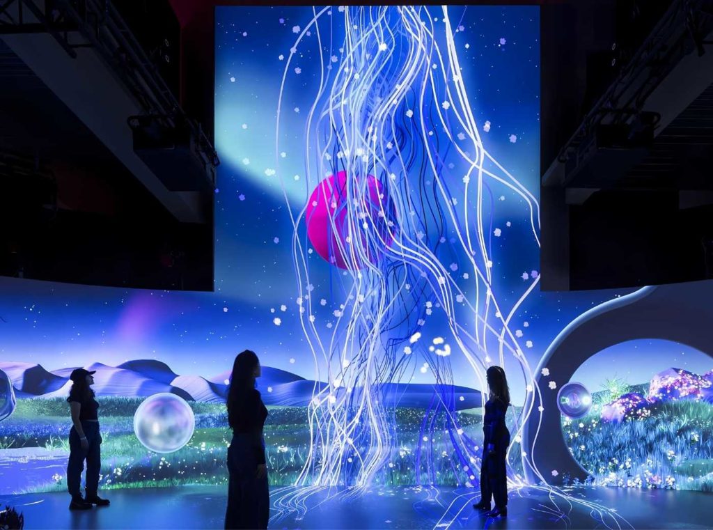 Dynamic projection mapping illuminating modern interior space with vibrant light designs