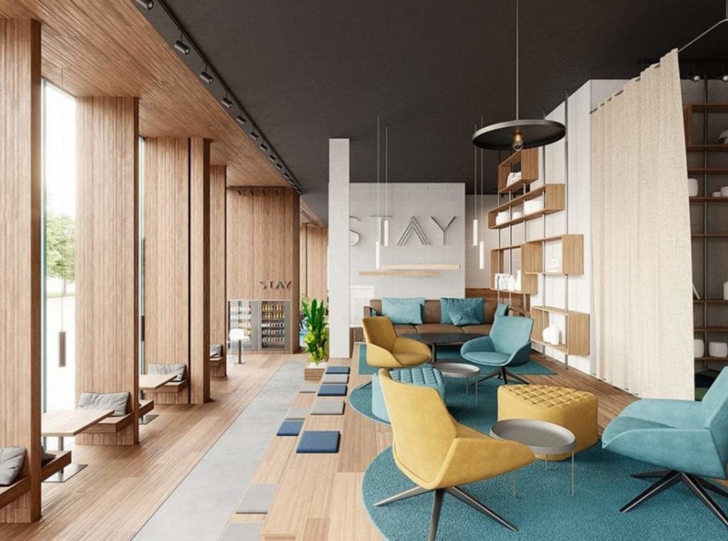 Communal workspace with ergonomic furniture in a co-living environment