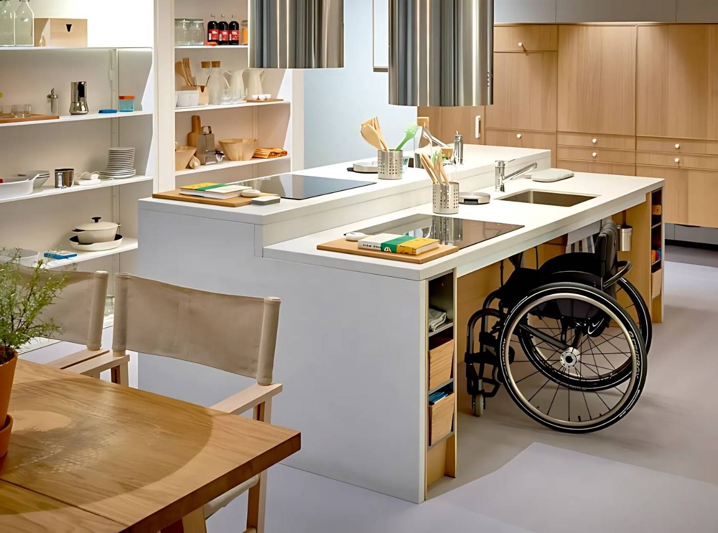 Adjustable kitchen countertops for accessibility and ease of use.