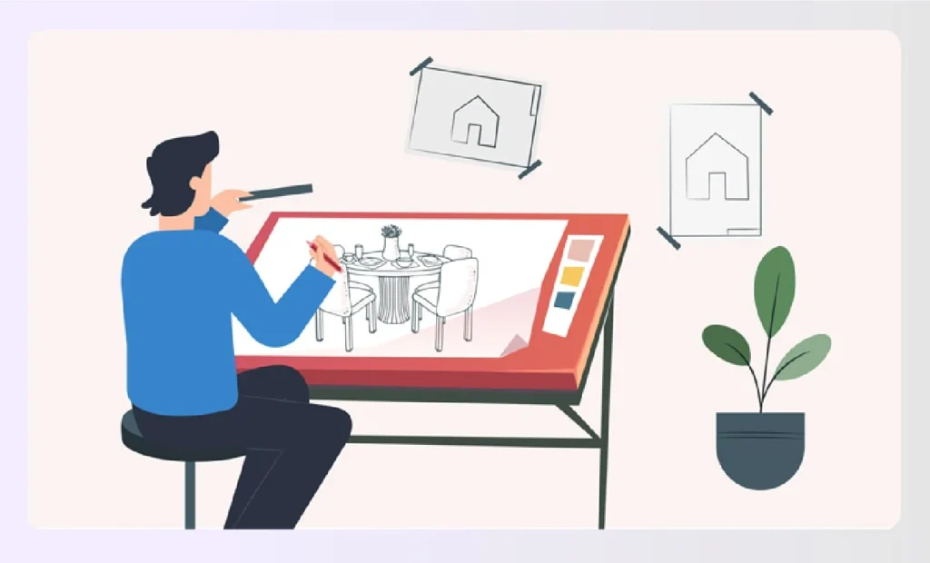 An interior designer creating technical drawings for constructionย An interior designer creating technical drawings for constructionย