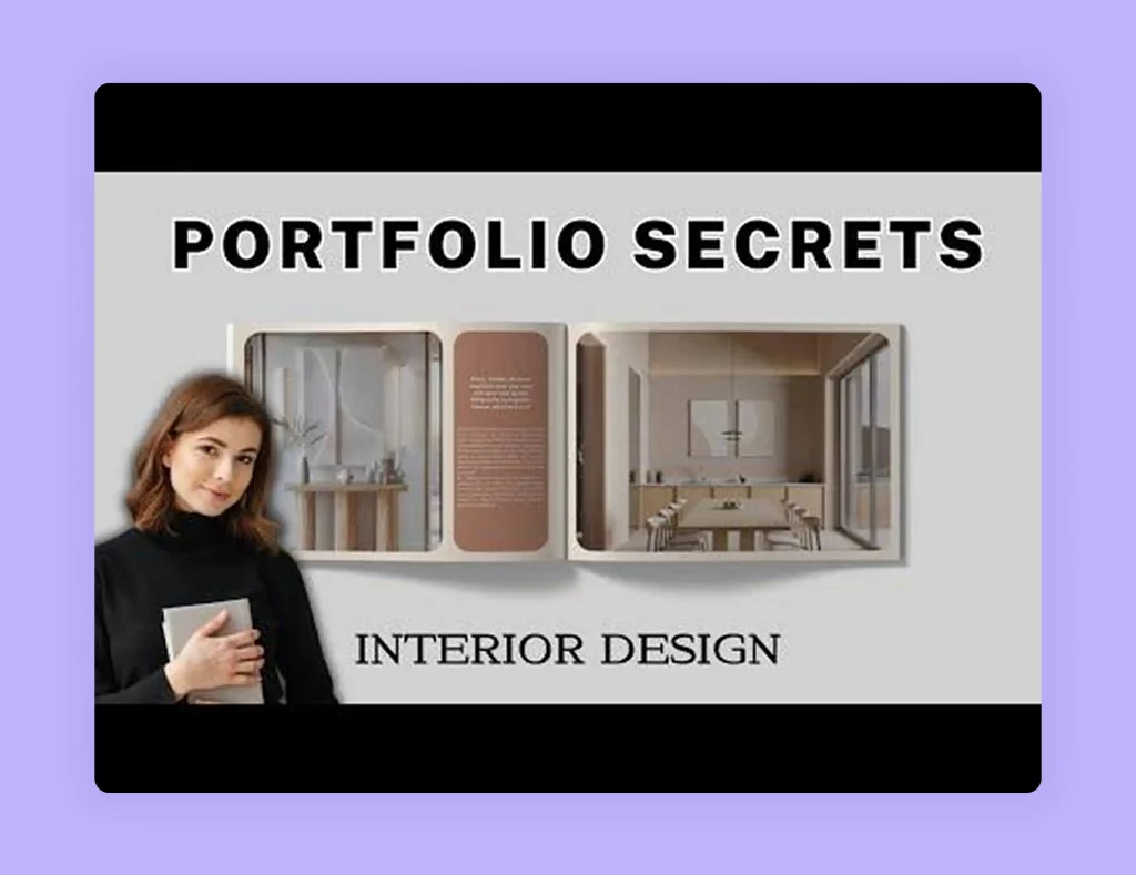 An open portfolio book showing how to build an interior design portfolio