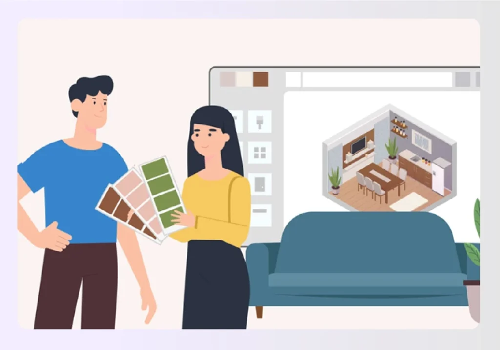 Clients reviewing color swatches with a 3D design Clients reviewing color swatches with a 3D design