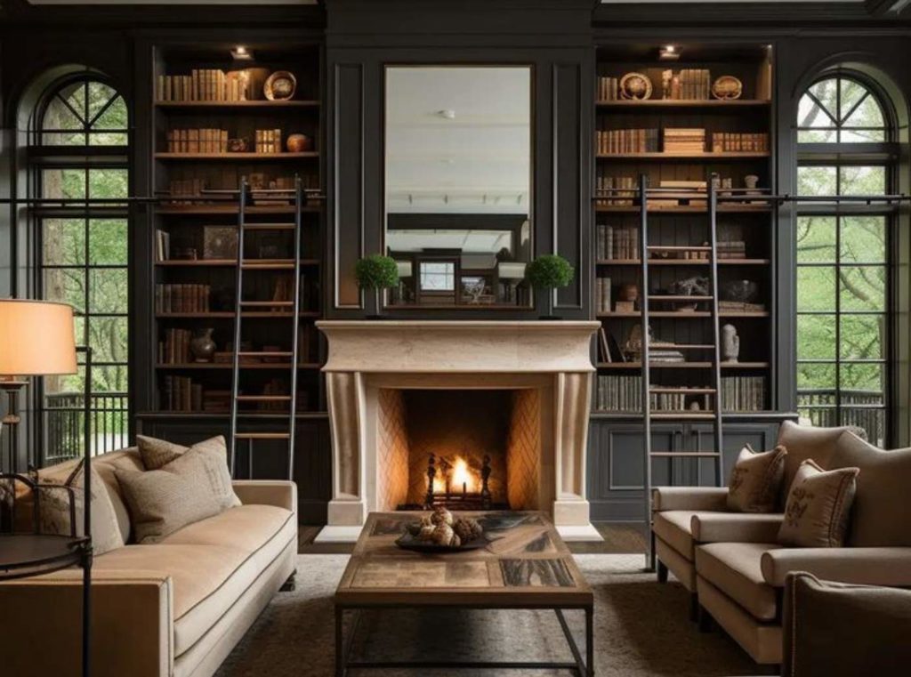 fireplace inside the home library has been shown in the image