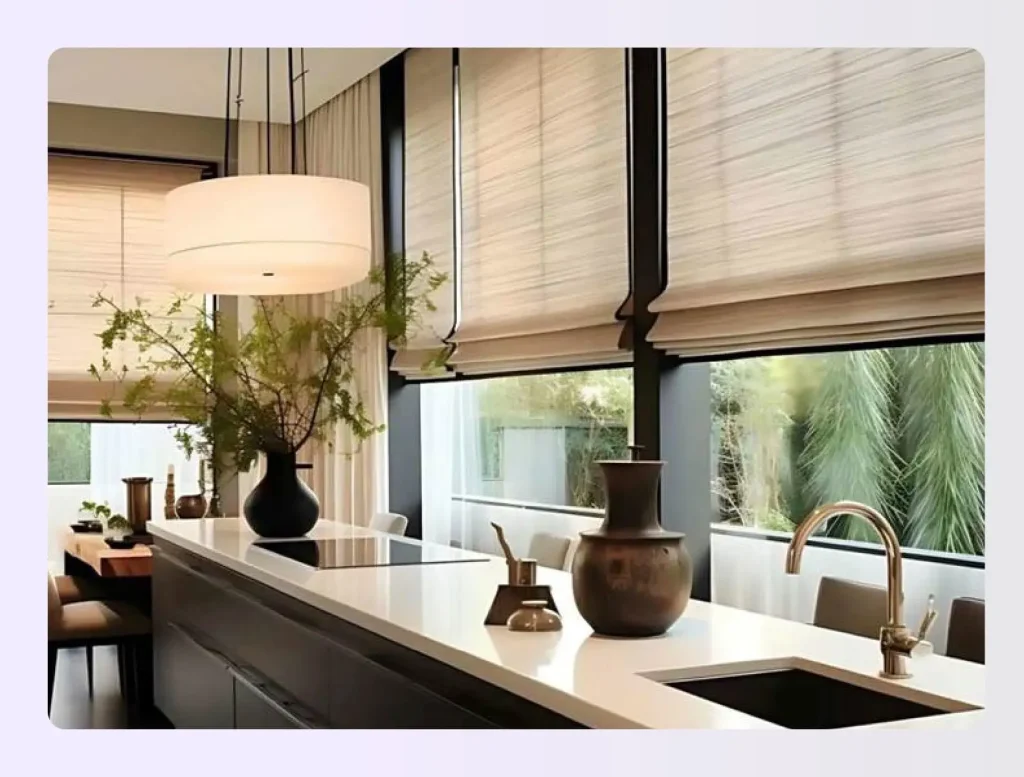 Modern roman shades in rental kitchen window Modern roman shades in rental kitchen window