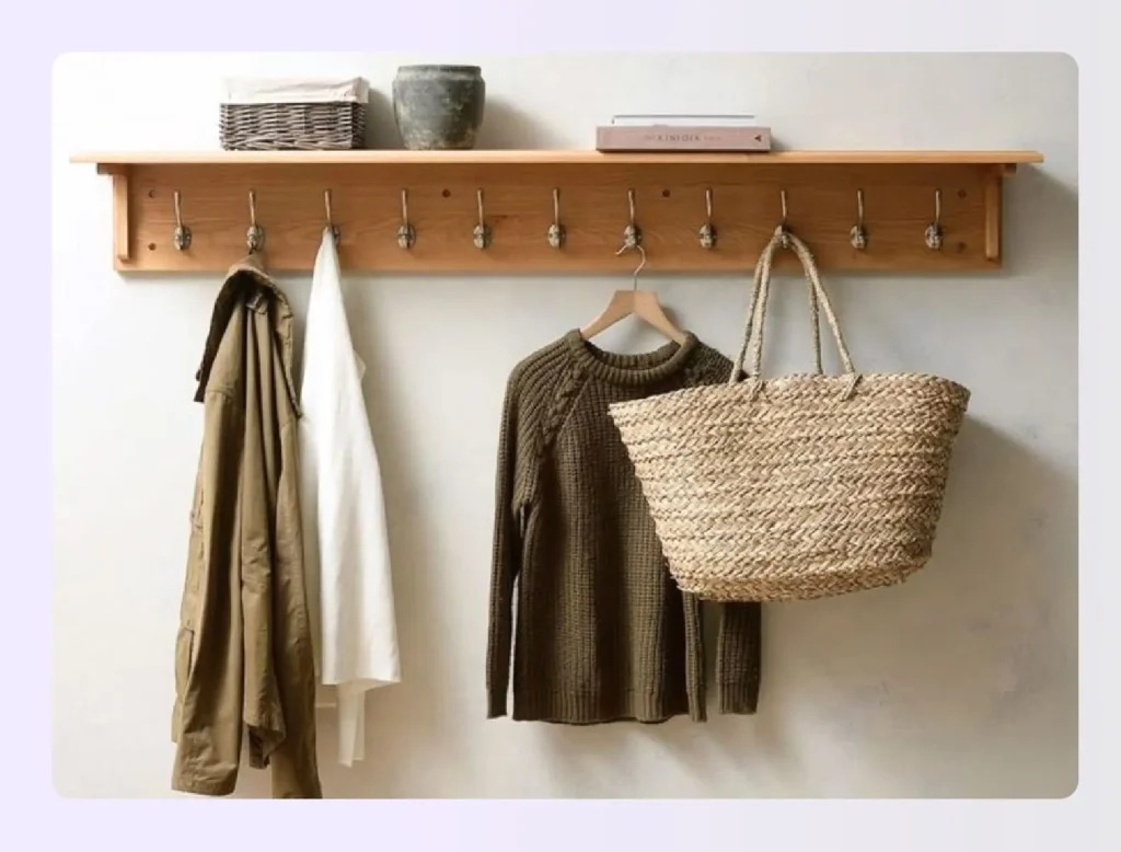 Wooden shelf with removable adhesive hooks on wall Wooden shelf with removable adhesive hooks on wall