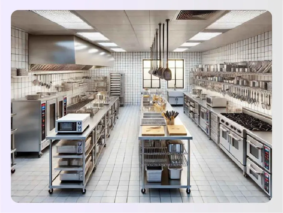 Commercial kitchen divided into separate preparation zones Commercial kitchen divided into separate preparation zones