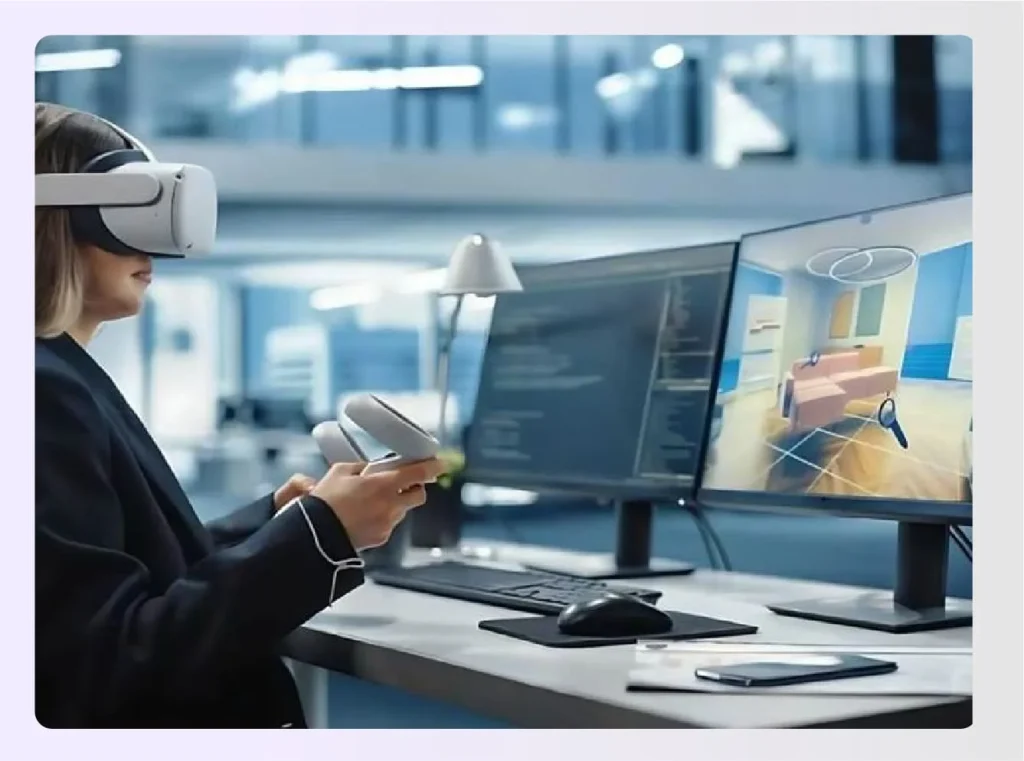 Designer using VR headset to explore 3D modeled spaceย Designer using VR headset to explore 3D modeled spaceย