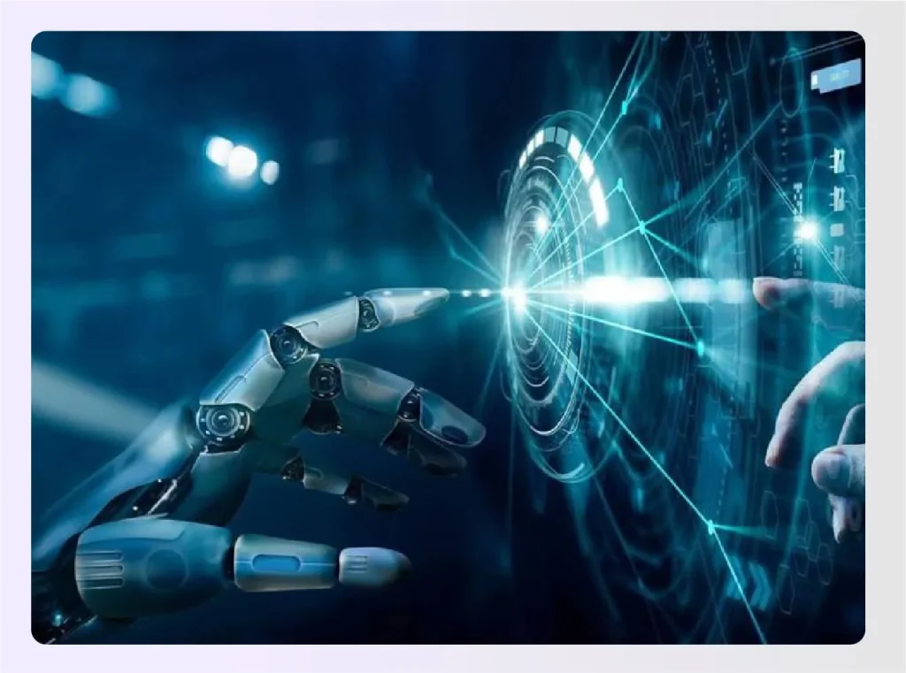 Robotic hand interacting with digital AI interface screenย Robotic hand interacting with digital AI interface screenย