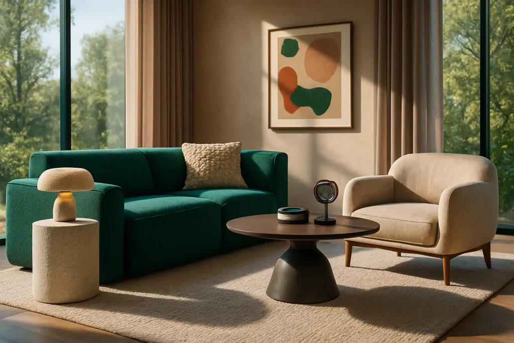 A modern living room with large floor-to-ceiling windows, featuring an emerald green upholstered sofa made from recycled fabric, a beige plant-based leather armchair, and a minimalist coffee table.