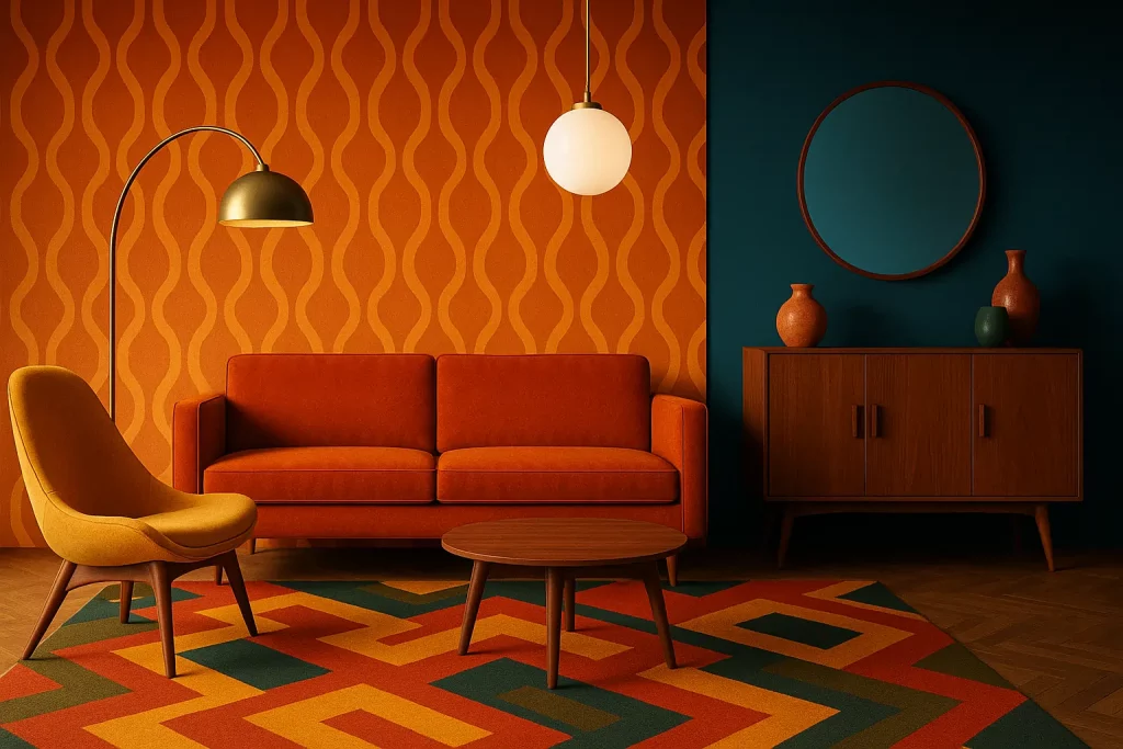 3D-rendered vintage living room with bold orange and teal color palette, mid-century modern furniture, geometric rug, and retro lighting against patterned wallpaper.