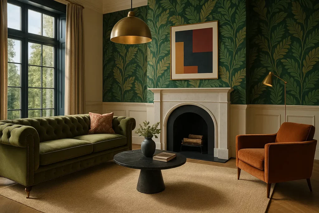A luxurious living room featuring a green velvet Chesterfield sofa, burnt orange armchair, marble fireplace, and botanical wallpaper, illuminated by natural light through large windows.
