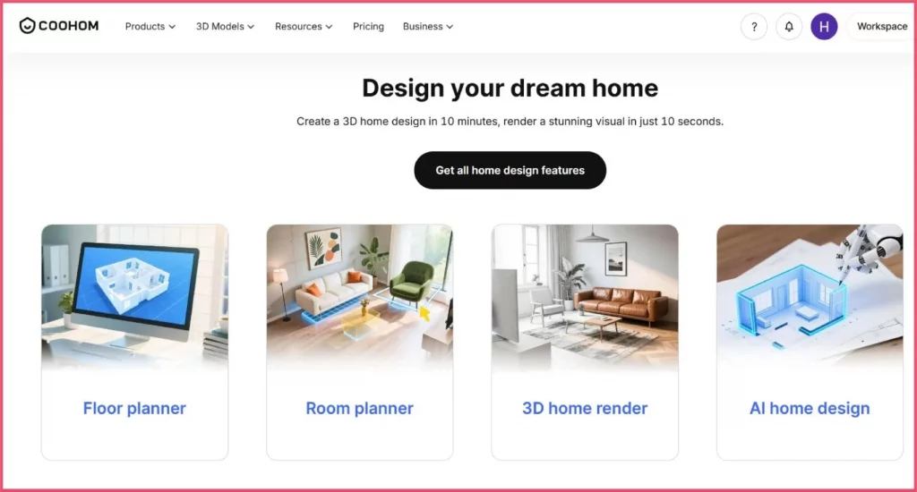 Coohom is an AI-powered interior design platform showing room design tools with furniture libraries and rendering options