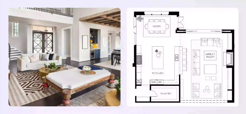 A broken-plan design, showing a living space with a half-wall and an archway
