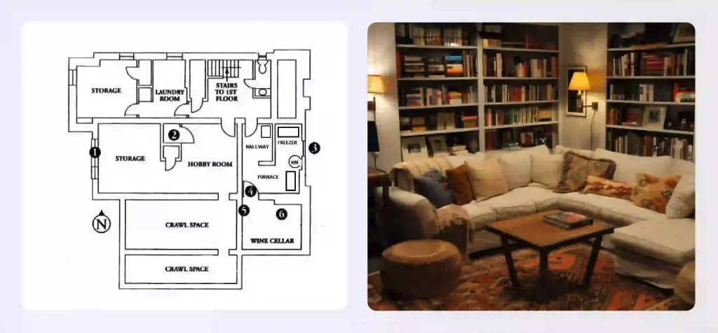 A home library and wine cellar basement floor plan