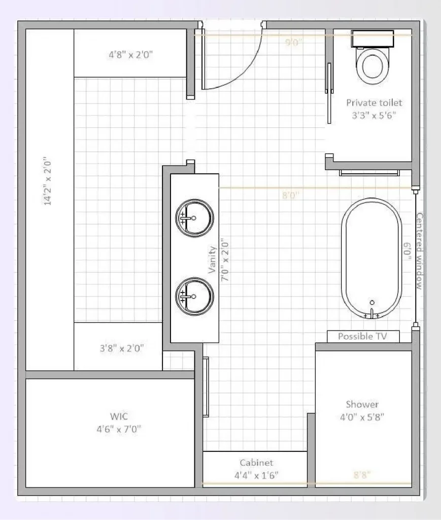 A long and linear bathroom floor plan