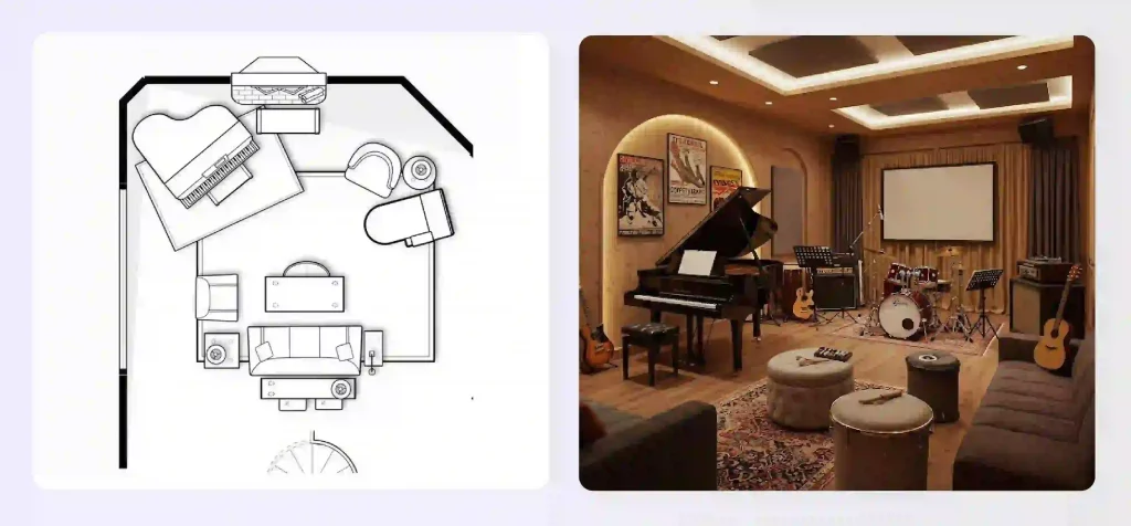 A musician's studio basement floor plan