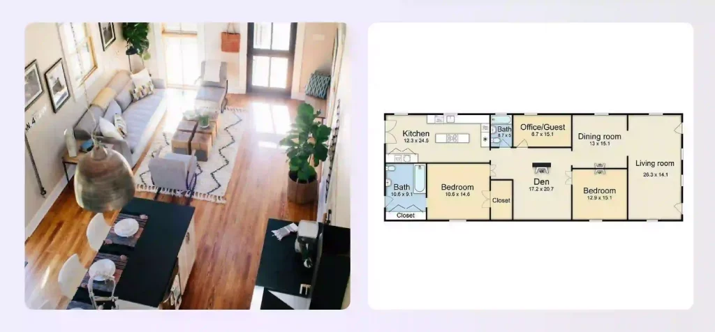 A narrow, long open floor plan, showing a linear arrangement of rooms