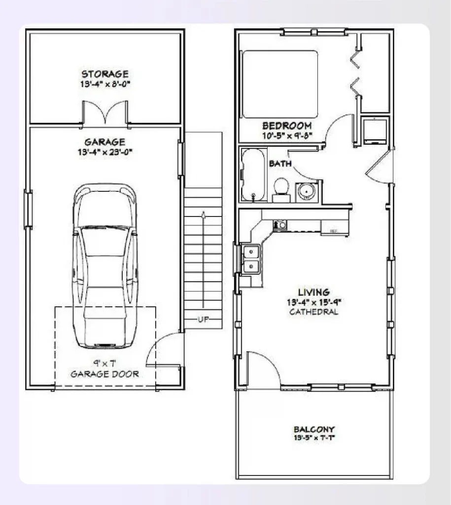 A one-bedroom apartment floor plan with separate living spaces