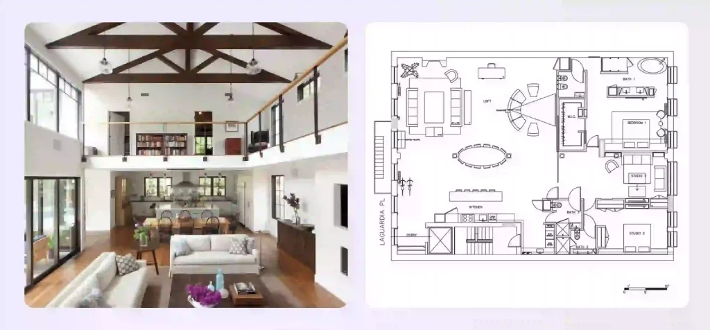 A spacious open-plan living area with kitchen, dining, and living zones