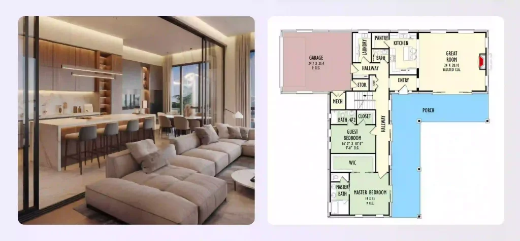 An L-shaped open concept floor plan with distinct living and dining areas