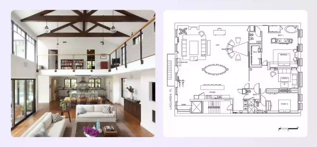 An open plan living area with a dramatic double-height ceiling and a loft