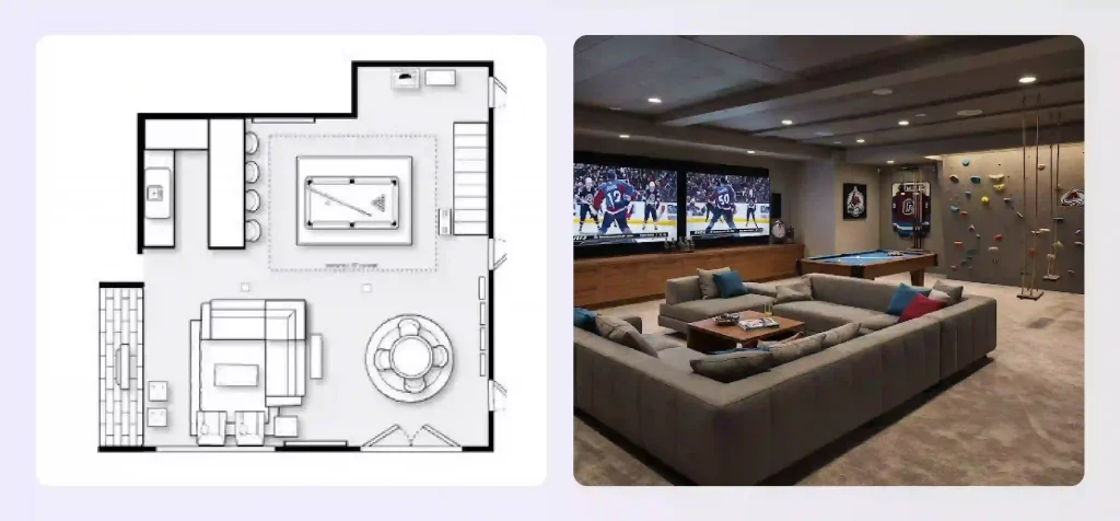 Basement floor plan with game room