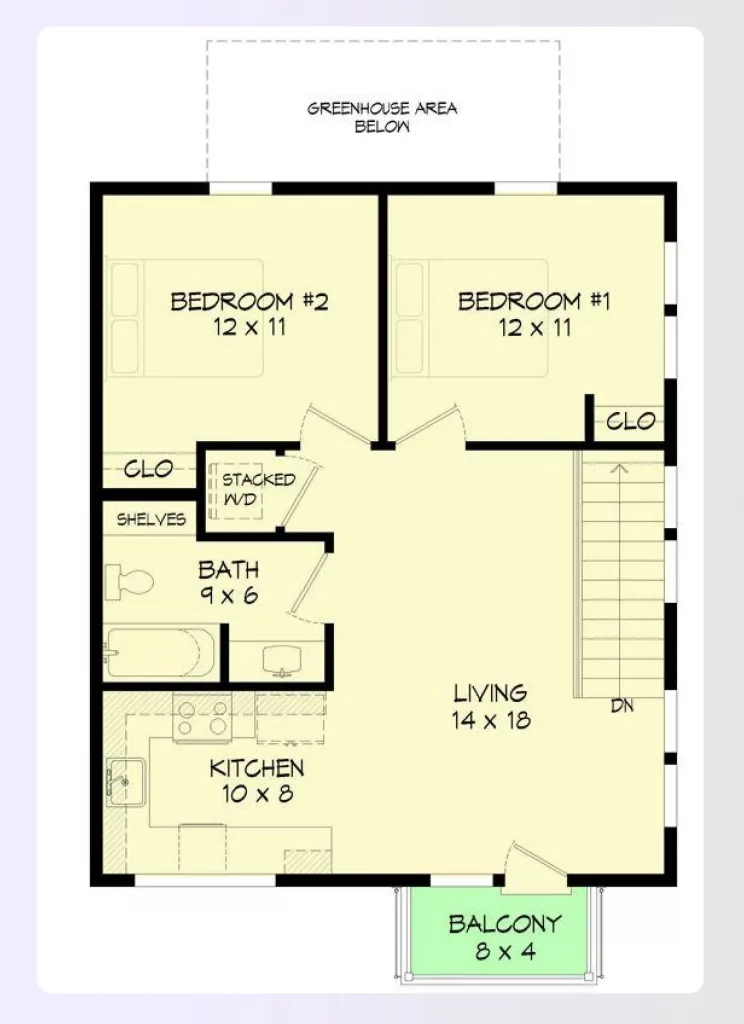 Floor plan showing a two-bedroom apartment over a garage