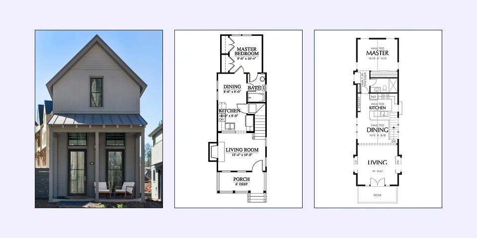 Narrow rectangular one-bedroom house plan with linear rooms