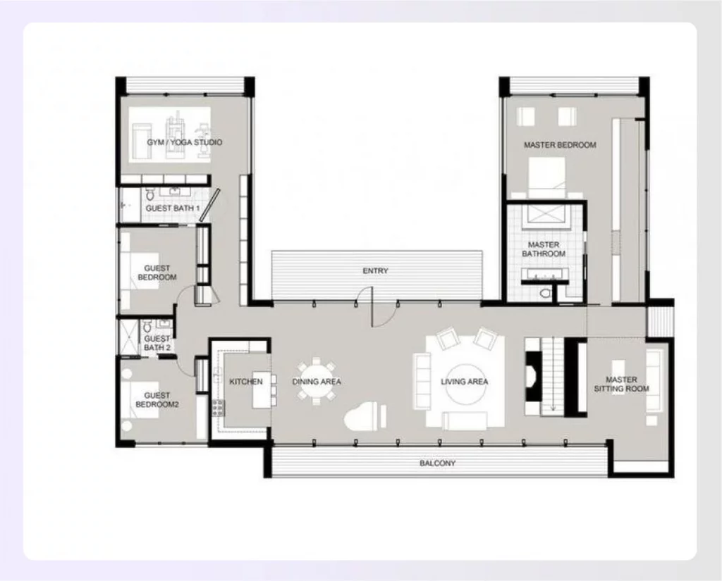 U-shaped container home floor plan with courtyard