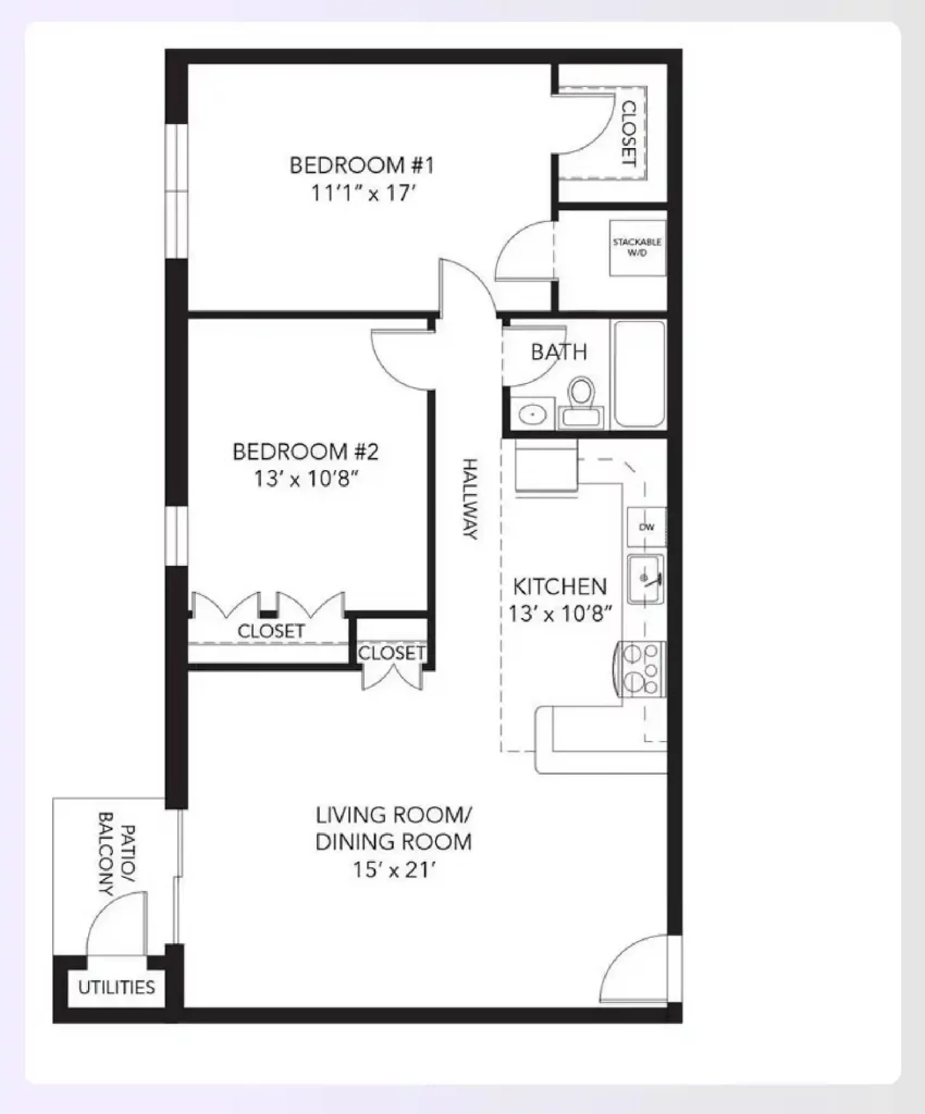 A 2-bedroom apartment floor plan with one bathroom