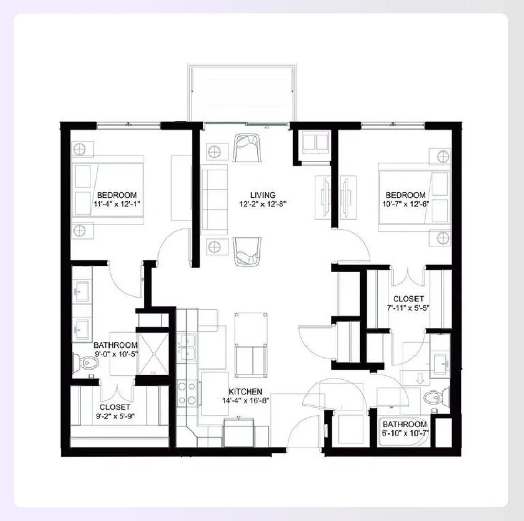 A 2-bedroom apartment floor plan with two bathrooms