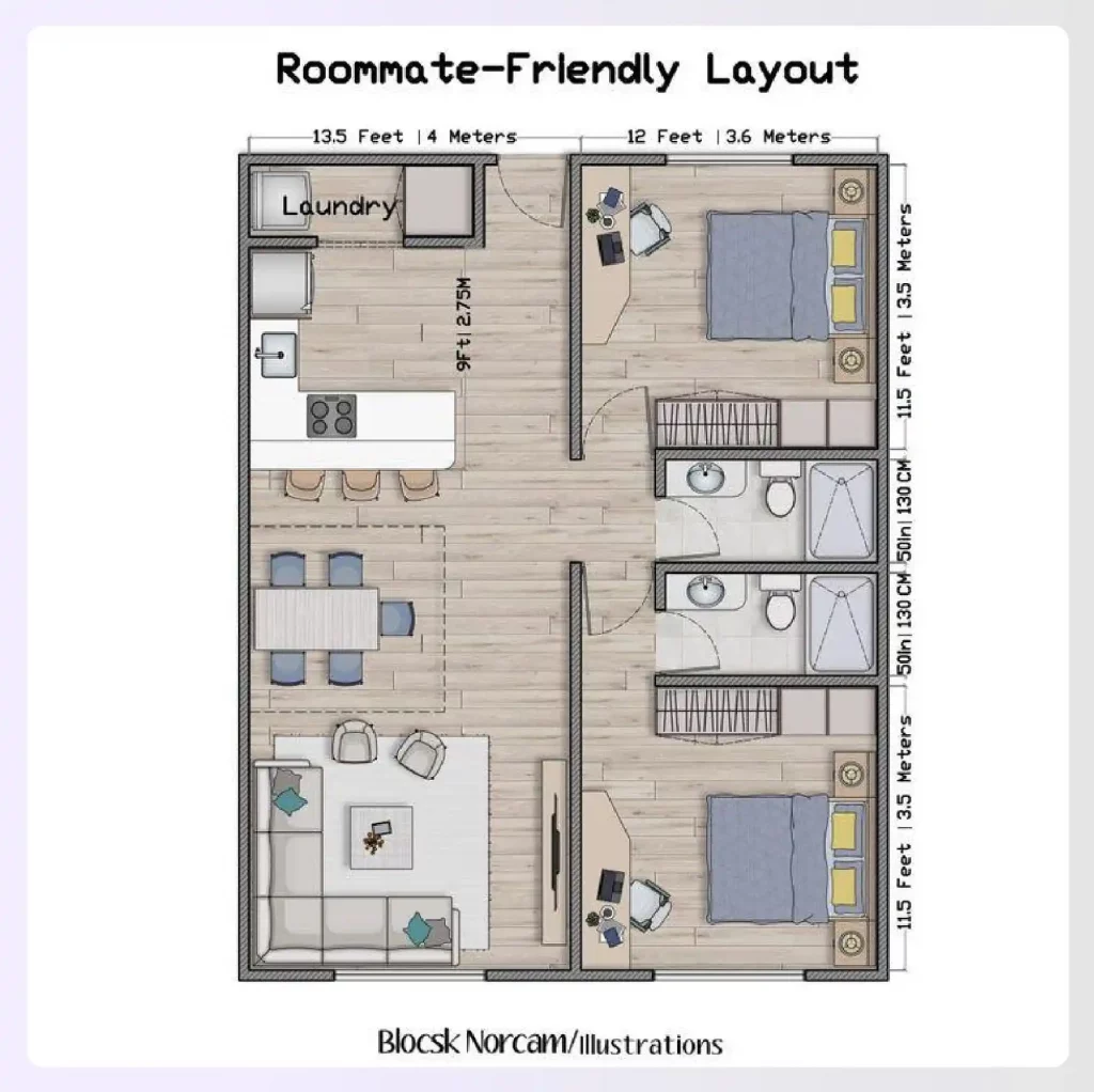 A split-style 2-bedroom apartment floor plan